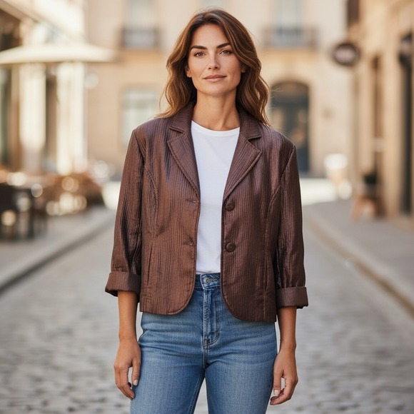 Chico's Jackets & Blazers - Chicos Brown‎ Light Crinkle Shiny Two Button Lined Blazer Jacket Size 2 US Large